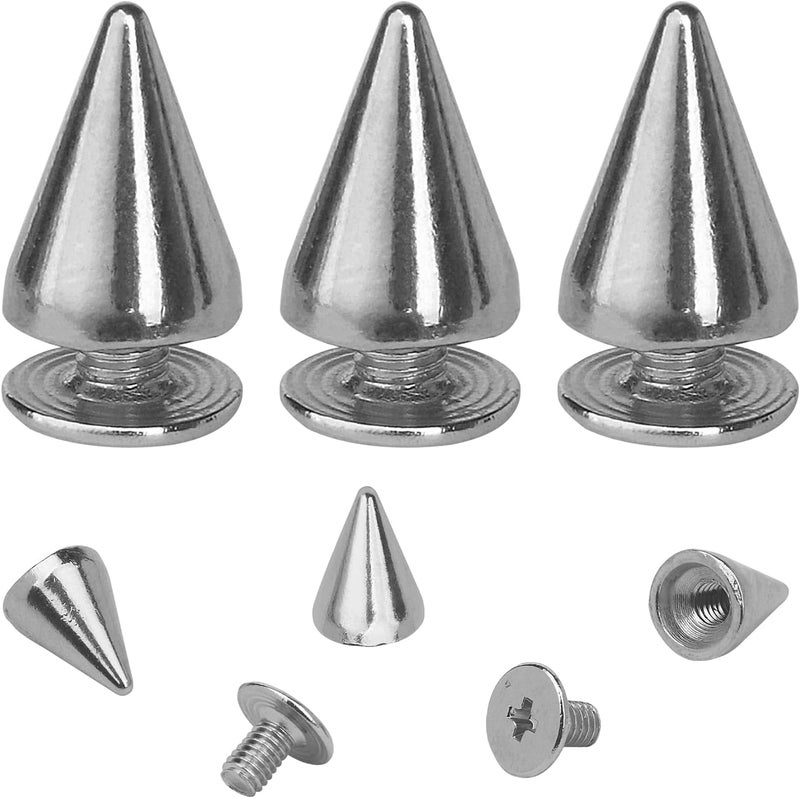 biteyued 100 Pairs Cone Spikes Screwback Studs,Metal Bullet Cone Spikes, 7x10mm Metal Spikes Studs, for Punk Rock Style Clothing Belt Shoe Bag Dog Collar DIY Leather Crafts,Silver - Image 3